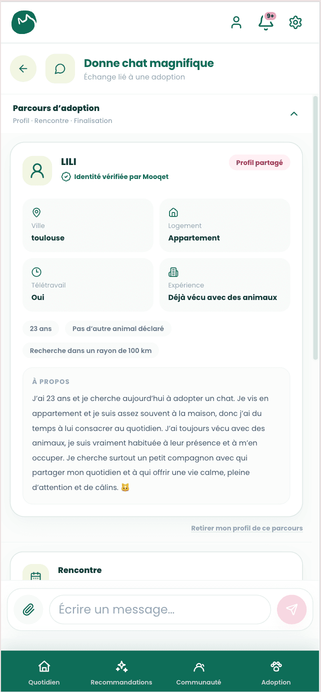 Profil adoptant dans l’application Mooqet