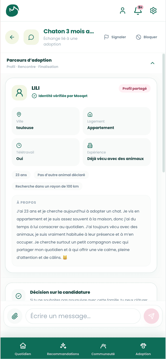 Profil adoptant partagé avec un refuge sur Mooqet