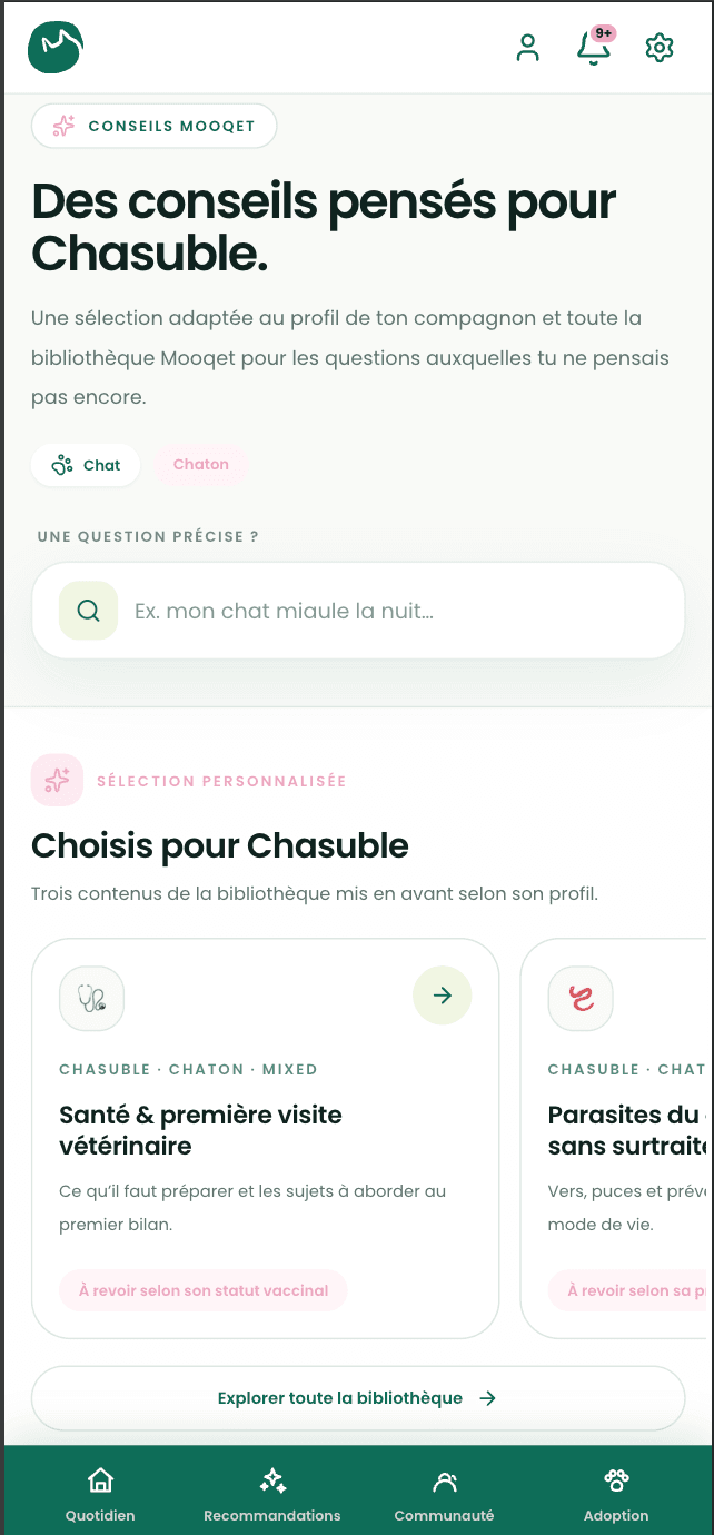 Écran Mooqet des conseils personnalisés adaptés au profil de l’animal