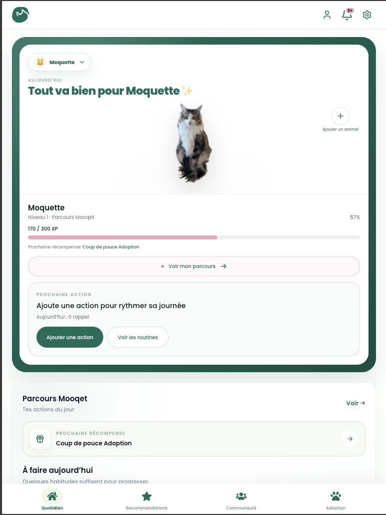 Espace quotidien de Moquette dans l’application Mooqet affiché sur iPad